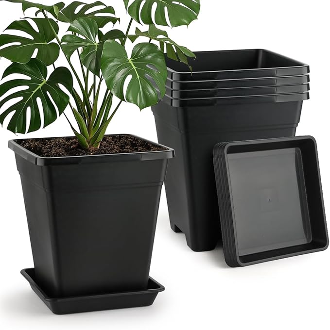 BTPLASTIK Plant Pots 10 Inch Set of 5, Large Square Plastic Planter by BTPLASTIK