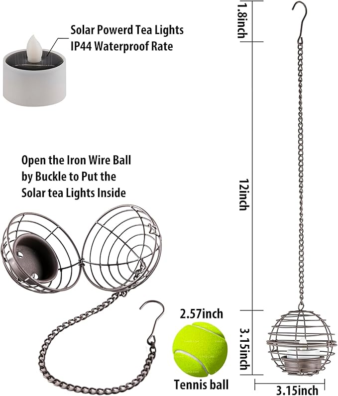 Solar Hanging Lanterns Outdoor Waterproof, Rust Iron Ball Candle Holder - Image 3