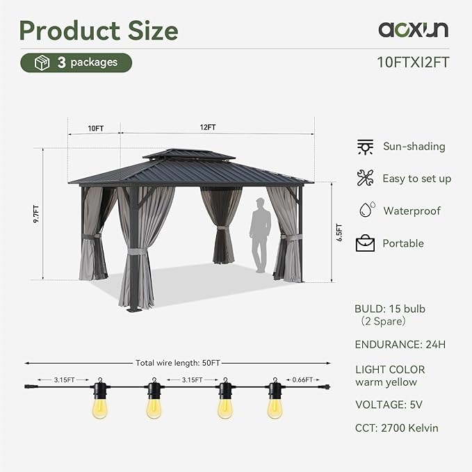 Aoxun 10'x12' Hardtop Gazebo, Aluminum Frame Canopy - Image 3