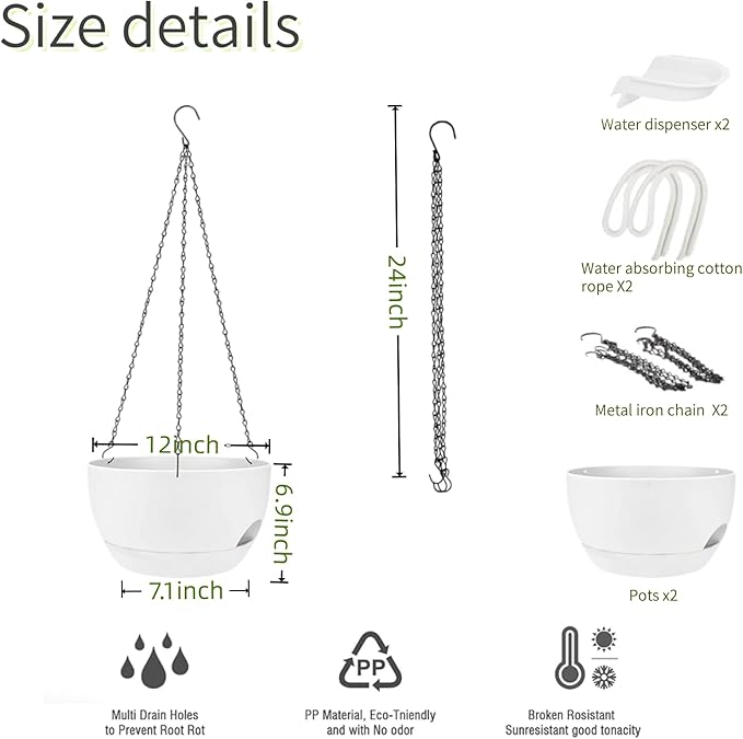 2 Pack Hanging Planters for Indoor Outdoor Plants, 12Inch Self Watering Hanging - Image 3