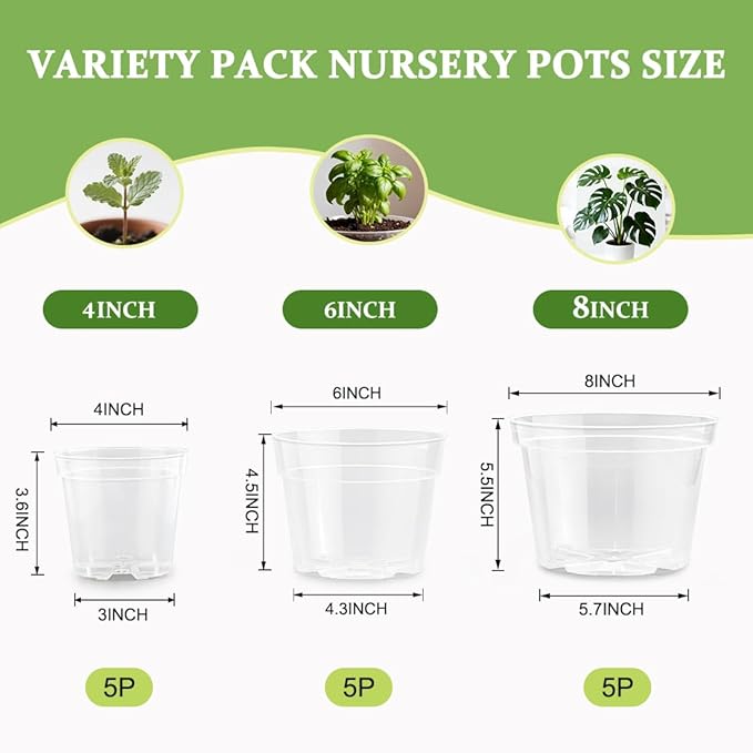8/6/4 Inch Clear Plant Nursery Pots 15 Pack, Transparent Plastic Plant Pot - Image 2