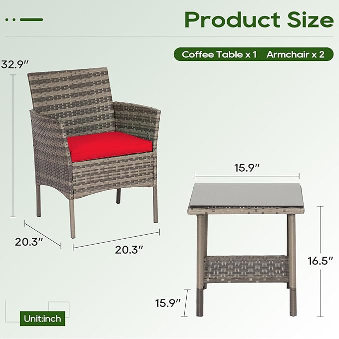 FDW | 3-Piece Patio Furniture Set | Gray & Red | Outdoor Wicker Furniture - Image 8