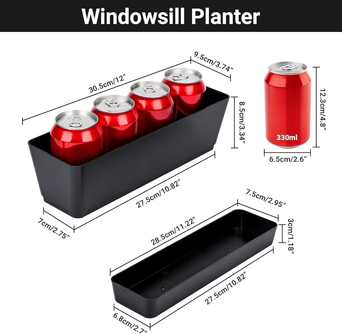 GREANER Black Rectangle Window Boxes, 3 Pack 12x3.8 Inch Herb Planters - Image 2