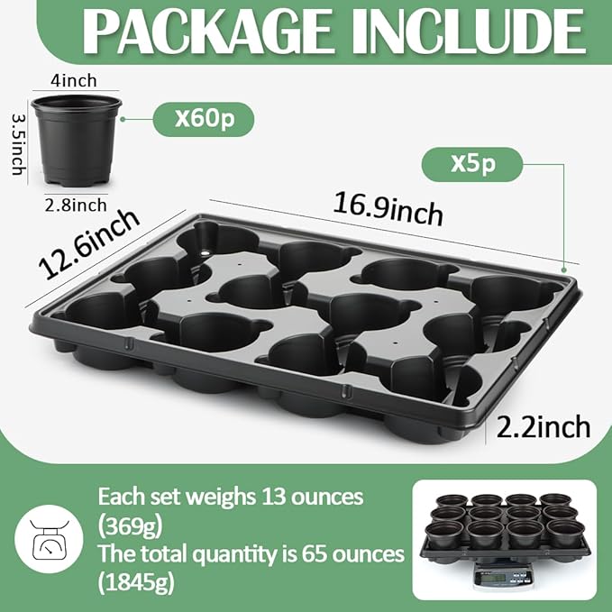 4 Inch Plastic Plant Pots 60 Pcs and 12 Cell Nursery Pots Trays 5 Pcs, Thick - Image 2