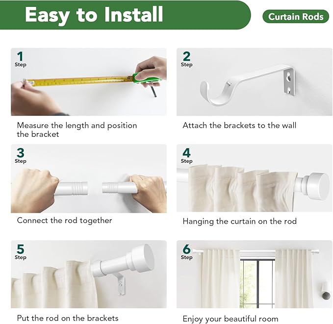 Curtain Rods for Windows 48 to 84, 1 Inch Adjustable White Heavy Duty Long - Image 9