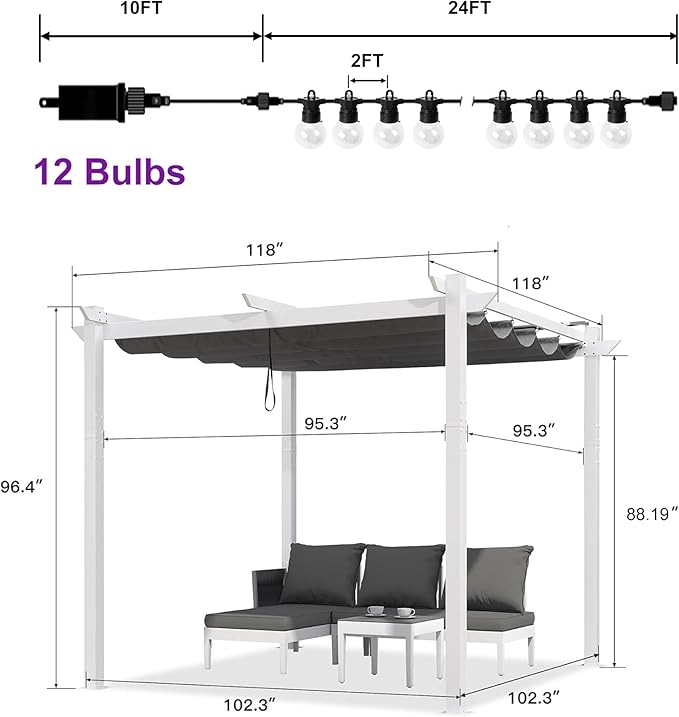PURPLE LEAF 10' x 10' Outdoor Aluminum Pergola White Heavy-Duty Retractable - Image 6