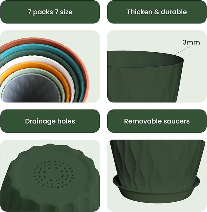 7/6.5/6/5.5/5/4.5/4 inch Plastic Plant Pots, 7 Pack Flower Planter - Image 4