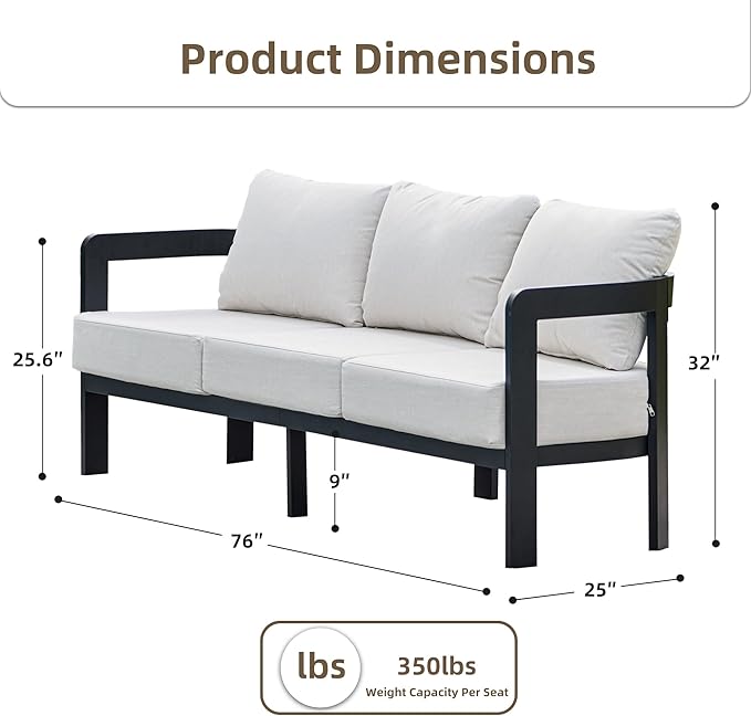 Outdoor Couch Aluminum Patio Furniture, 3-Seat All-Weather Metal Modern Patio - Image 2