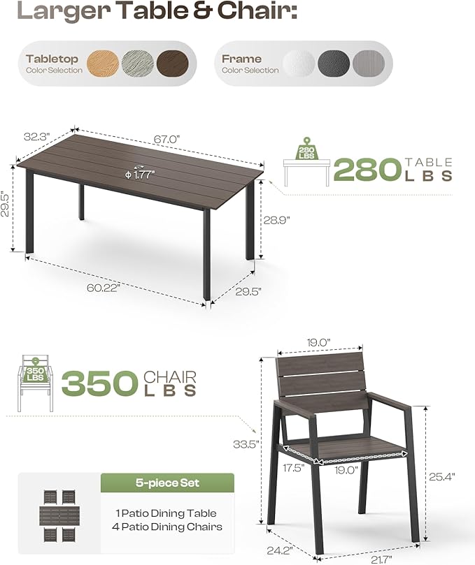 Outdoor Dining Set for 4, Aluminum Patio Table and Chairs Set - Image 6