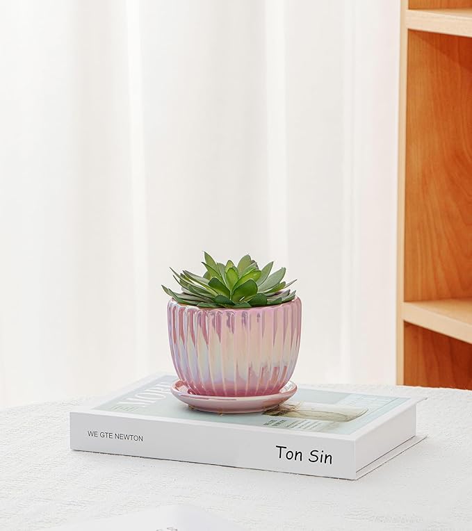 Ton Sin Pink Gold Ceramic Flower Pots, Modern Indoor Decorative Plant Pots Set - Image 6