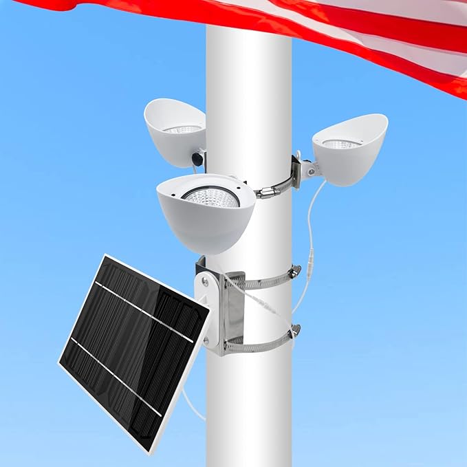Solar Flag Pole Light, 3 Super-Spotlights LEDs, Adjustable Metal Clamps Fits by ENRYBIA