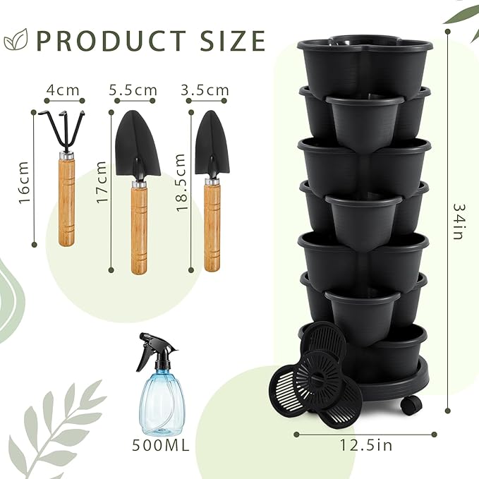 Umigy 2 Set Black 7 Tier Stackable Vertical Planters - Image 2