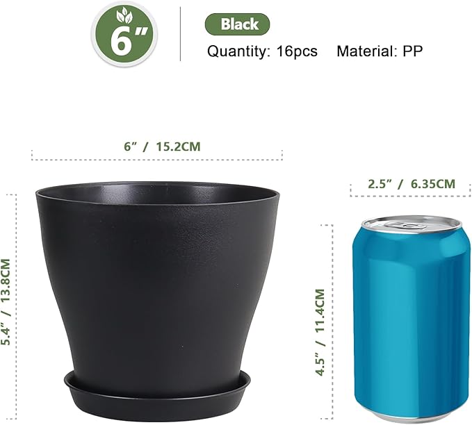 6 inch Plastic Nursery Pots, 16 Pack Plant Pots - Image 2
