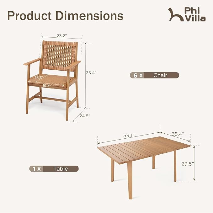 PHI VILLA 7 Pieces Acacia Wood Outdoor Dining Set - Image 8