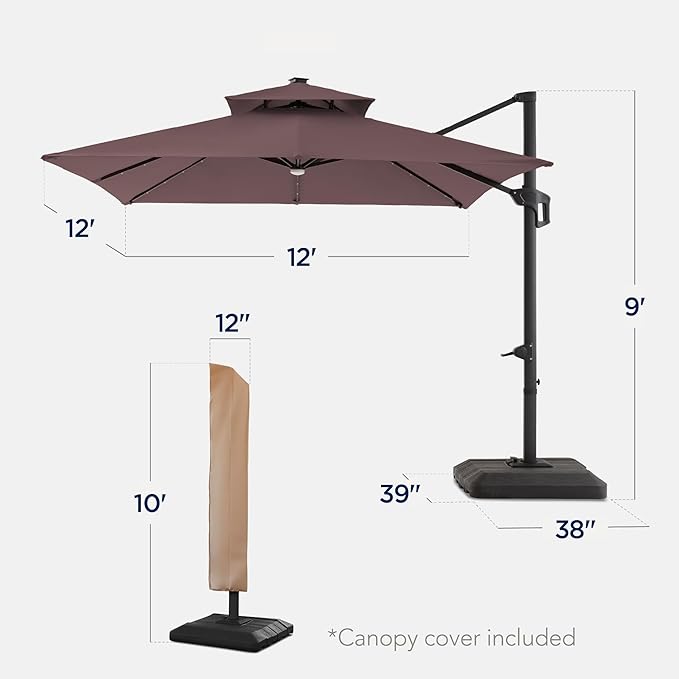 Best Choice Products 12x12ft LED Cantilever Patio Umbrella w/Base Included & - Image 2
