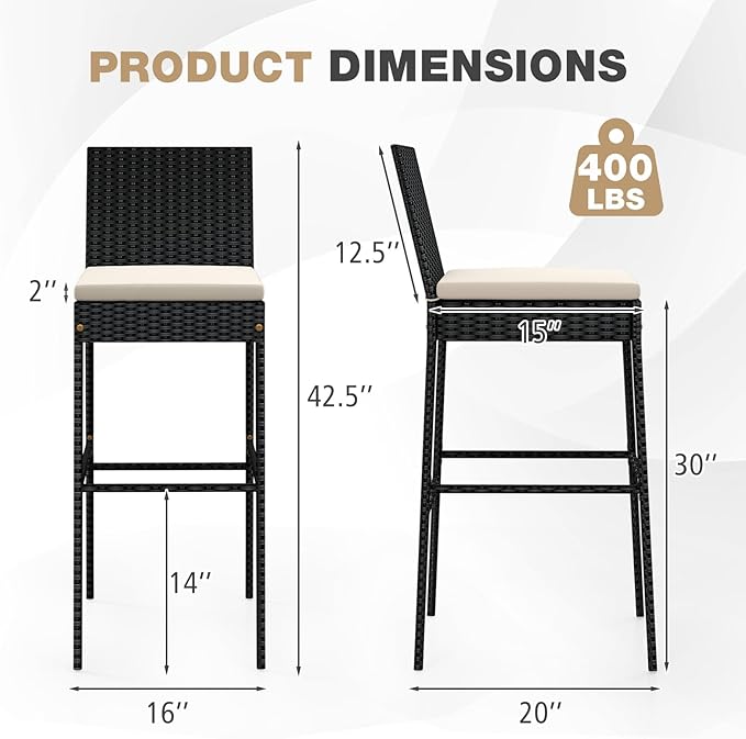 HAPPYGRILL Wicker Patio Barstools Set of 2, Outdoor Rattan Bar Chairs - Image 3