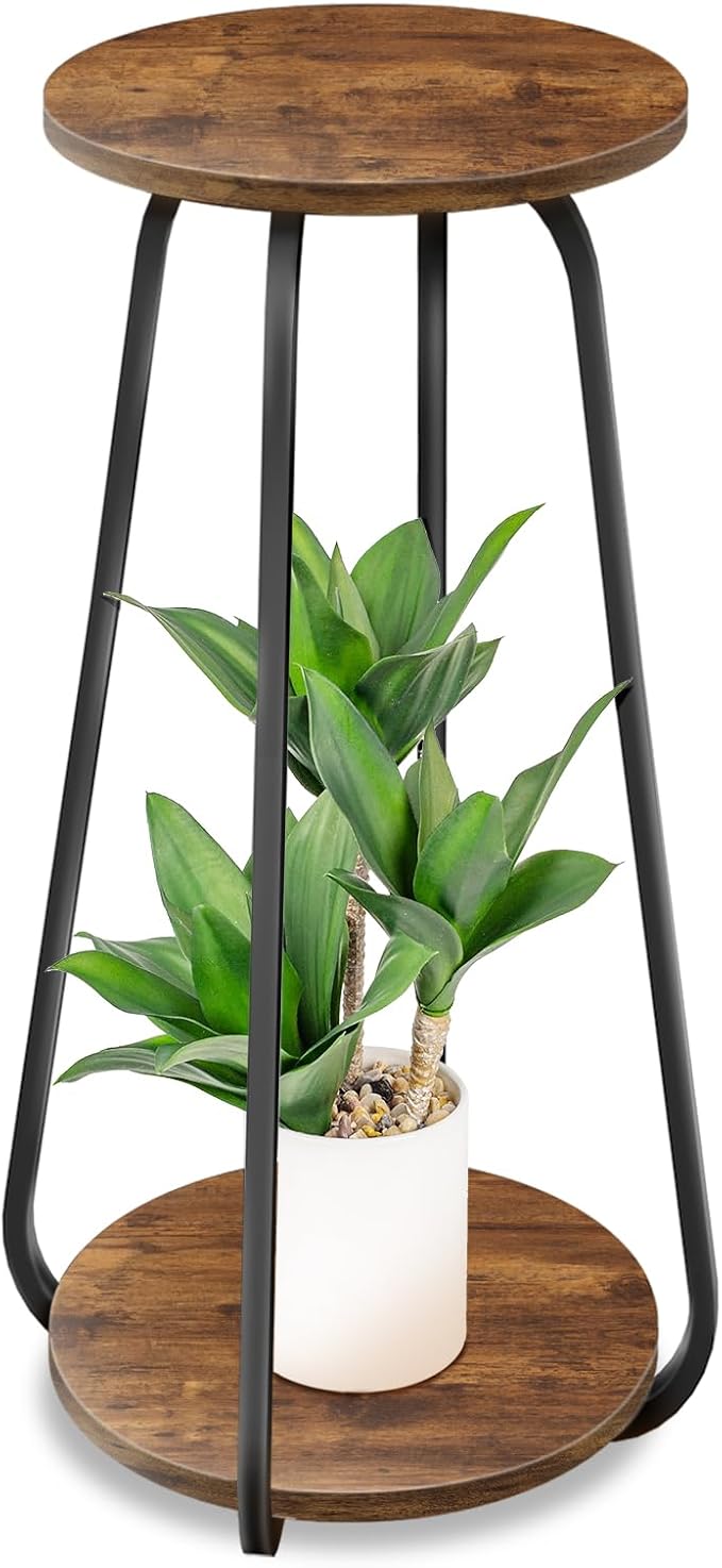 Plant Stand Indoor, 2 Tier Plant Shelf Pedestal Stand Flower Stand, Metal Wood by OugeWood