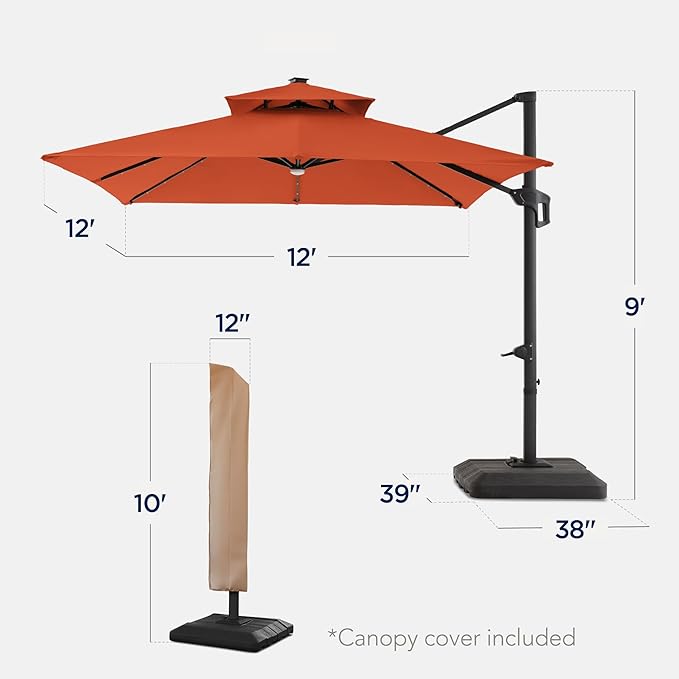 Best Choice Products 12x12ft LED Cantilever Patio Umbrella w/Base Included & - Image 2