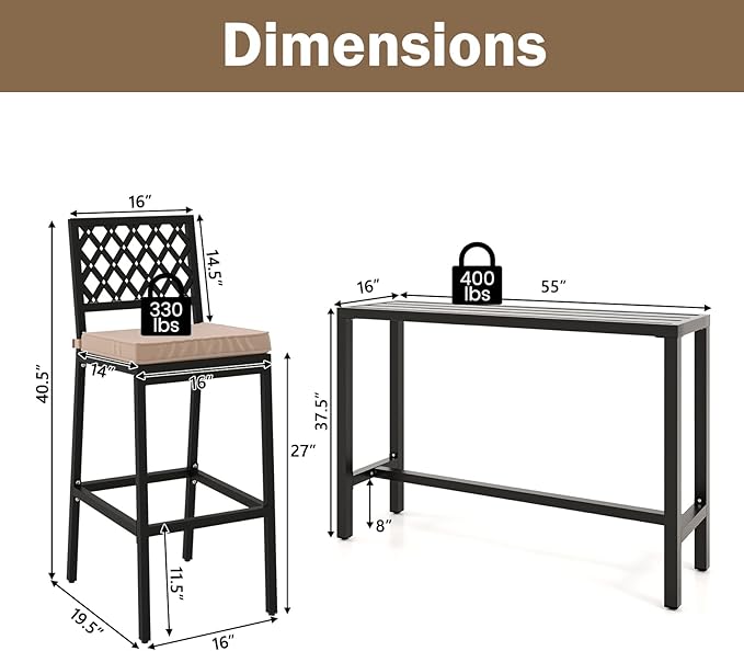COSTWAY 3 Piece Outdoor Bar Table and Chairs Set, Metal Patio Bar Table Set - Image 4