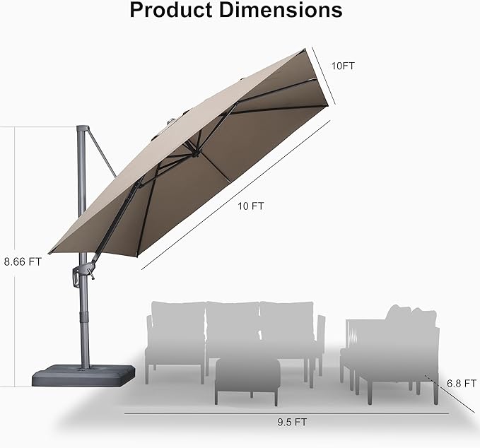 PURPLE LEAF Patio Umbrella 10' X 10' Rectangle Cantilever Umbrella Large - Image 9