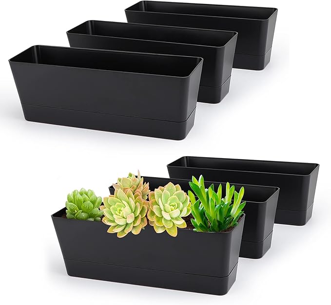 GREANER 6 Pack Herb Planters, 12x3.8 Inch Black Rectangle Window Boxes by GREANER
