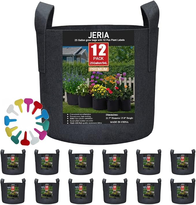 JERIA 12-Pack 25 Gallon Grow Bags, 300G Thickened Nonwoven Garden Pots by JERIA