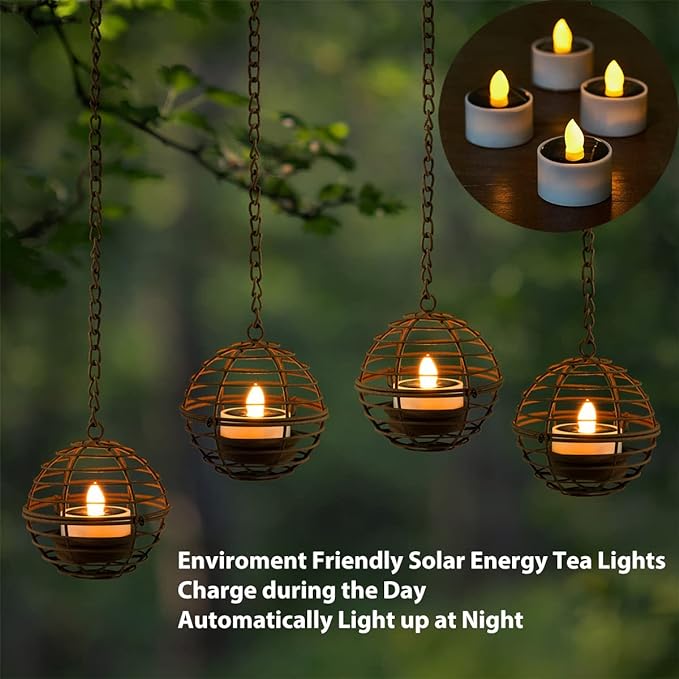 Solar Hanging Lanterns Outdoor Waterproof, Rust Iron Ball Candle Holder - Image 4