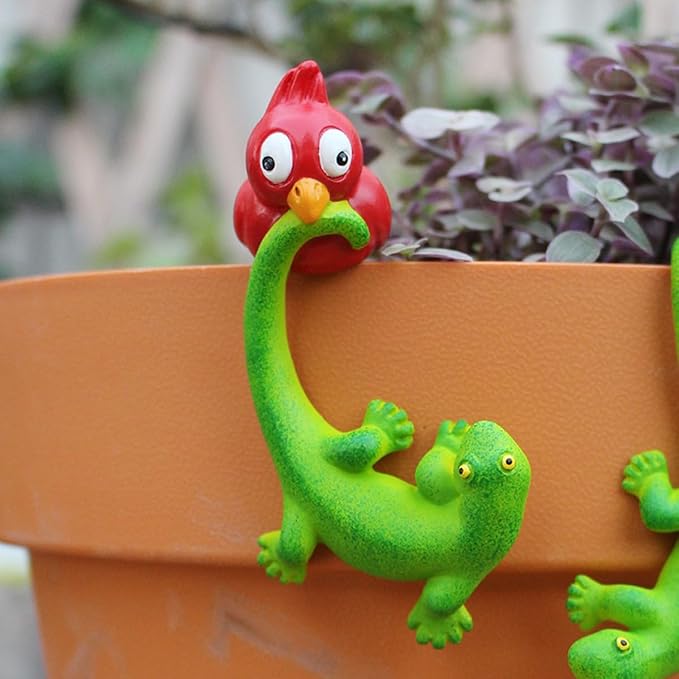 Set of 2 Funny Bird Catching Gecko Figurines Flower Pot and Vase Hugger - Image 5