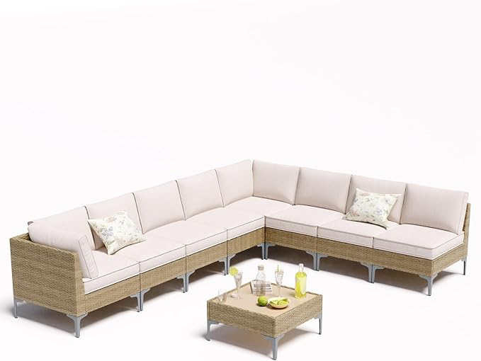 9 Piece Wicker Patio Furniture Set, Outdoor Conversation Sectional Sofa - Image 9