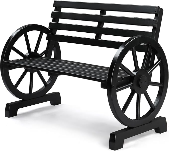 VINGLI Rustic Wooden Wheel Bench Outdoor Bench, Patio Bench Wagon Slatted Seat by VINGLI