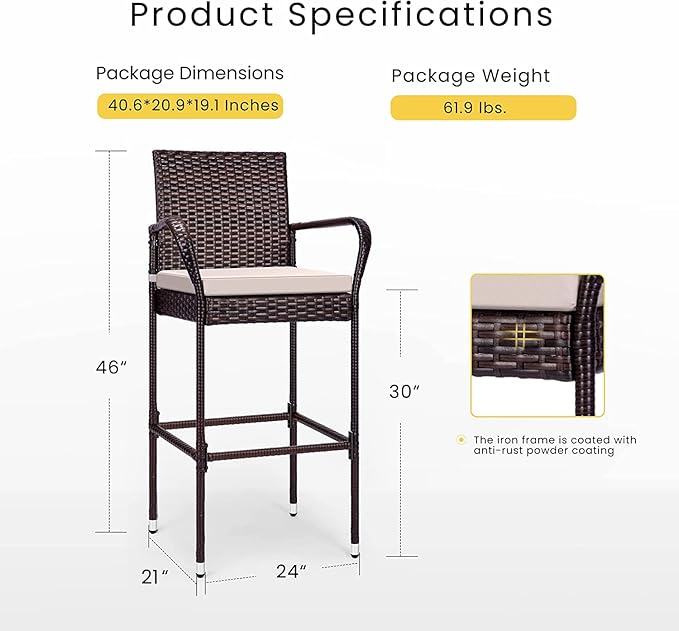 VIVOHOME 4 Packs Outdoor Wicker Barstool Patio Rattan Furniture - Image 2