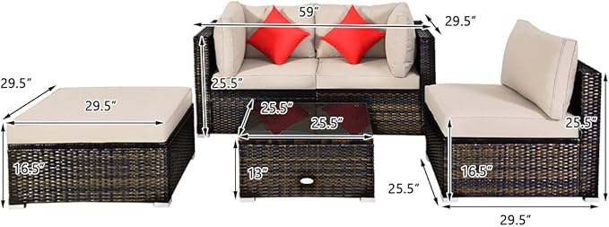 Tangkula 5 Pieces Patio Rattan Furniture Set, Outdoor Sectional Rattan Sofa Set - Image 4