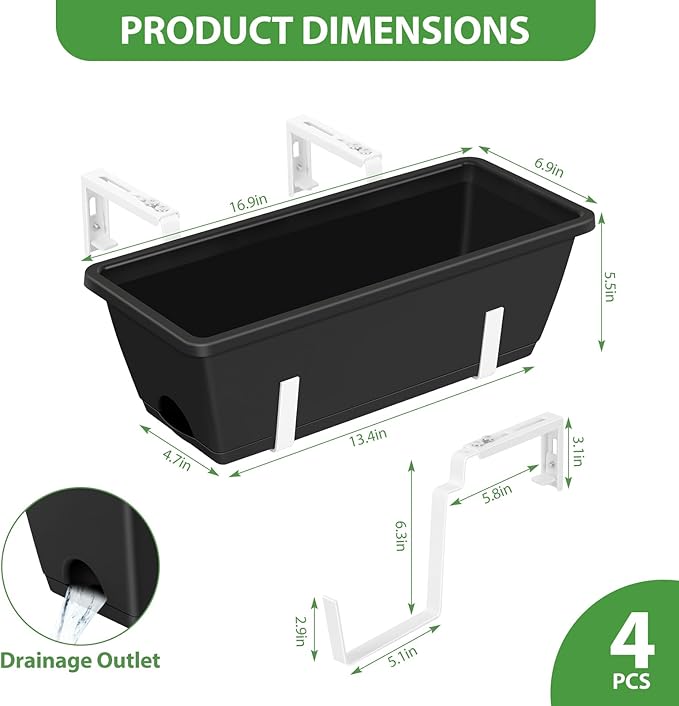 OYEAL 4 Pack Railing Planter Box Outdoor Hanging Balcony Planters 17 Inch - Image 2