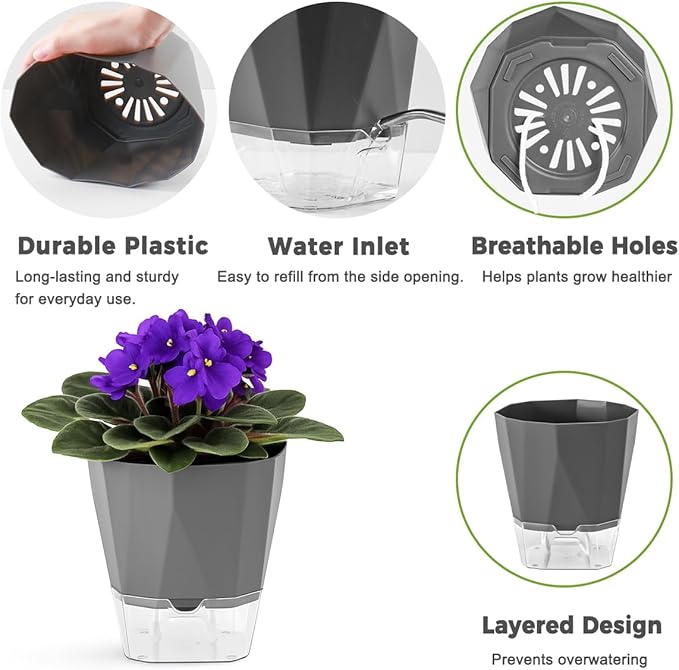5 Pack Self Watering Pots for Indoor Plants, 6.7 Inches Self Watering Planters - Image 3