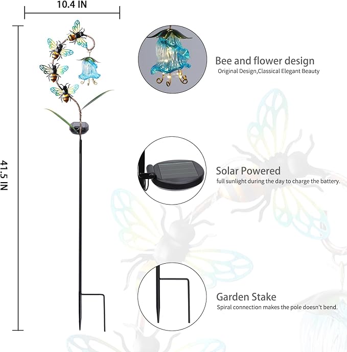 Bshine Solar Flower Outdoor Waterproof Bee Lights, Valentine's Day Garden - Image 2