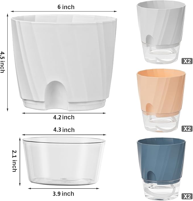 KIMCHOMERSE Self Watering Plant Pots, 6 Inch Plant Pots 6-Pack Indoor Planter - Image 3