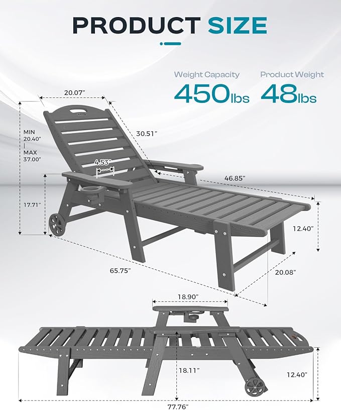 Ciokea Outdoor Lounge Chair Set of 4, All Weather Patio Chaise Lounge Chair - Image 3