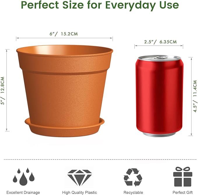 10 Pack 6 Inch Plant Pots with Drainage and Saucers, Plastic Flower Pots - Image 5