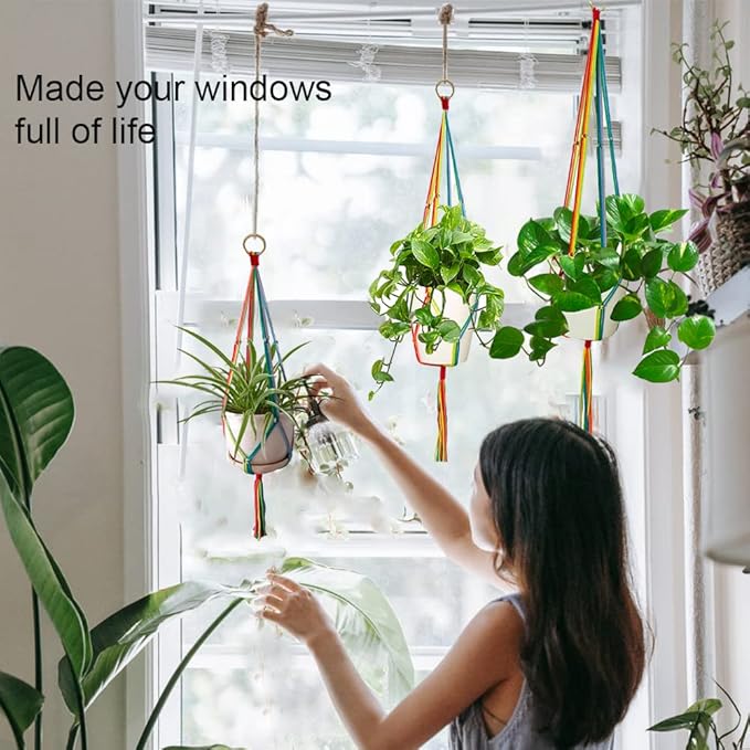 Rainbow Macrame Plant Hangers Indoor Outdoor, 3 Pack Different Size Flower Pot - Image 2