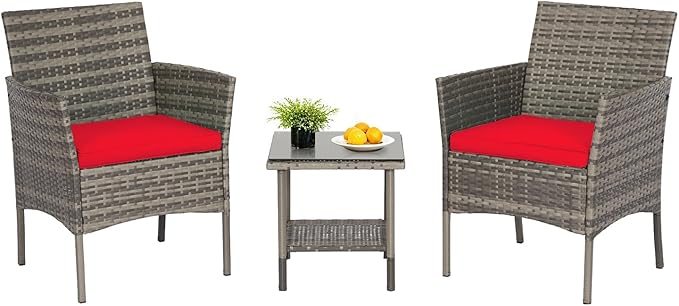 FDW | 3-Piece Patio Furniture Set | Gray & Red | Outdoor Wicker Furniture by FDW