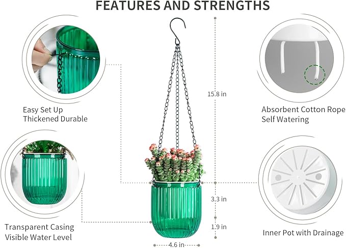 Josteve 4.5 Inch 2 Pcs Self Watering Hanging Planter Indoor Plant Pots Drainage - Image 5