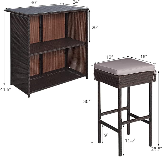 Tangkula Patio Bar Set, 3 Piece Outdoor Rattan Wicker Bar Set - Image 5