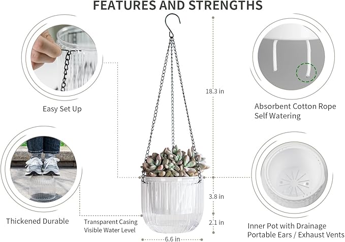 Josteve 6.5 Inch 2 Pcs Self Watering Hanging Planter Indoor Plant Pots Drainage - Image 5