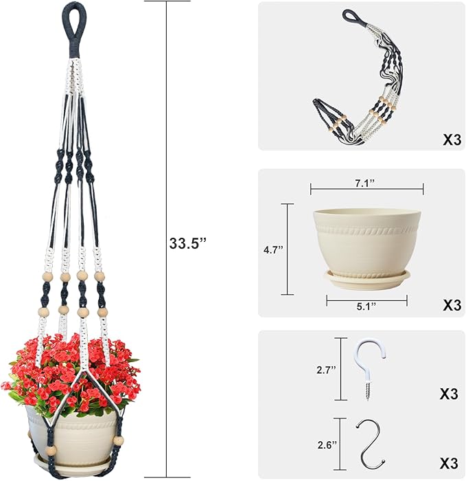 Macrame Plant Hanger with Pot, 3 Set Hanging Planters - Image 2