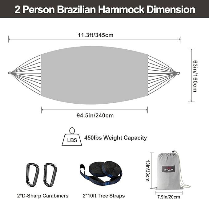 Brazilian Double Hammock with Tree Straps, Extra Large 94x63IN, 2 Persons - Image 3