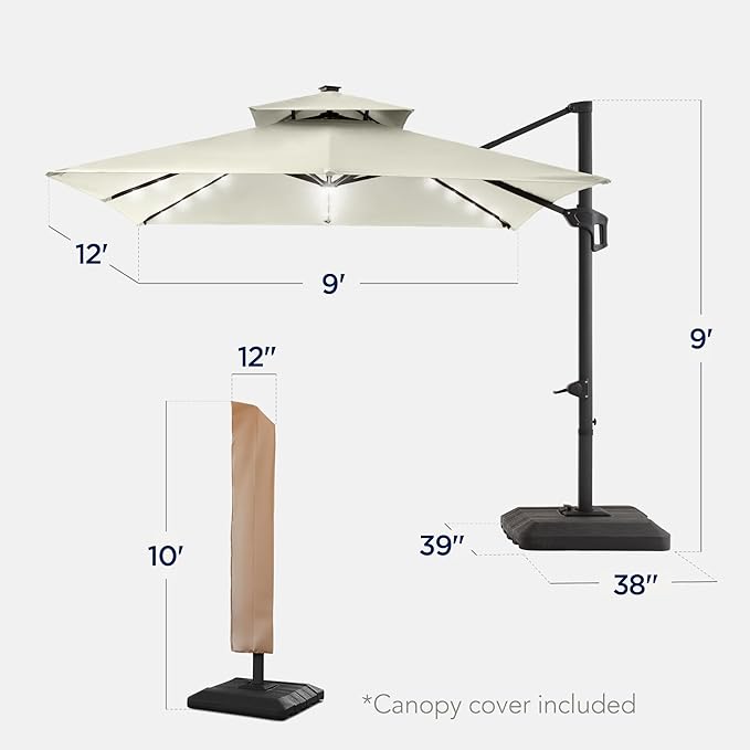 Best Choice Products 9x12ft LED Cantilever Patio Umbrella w/Base Included & - Image 2