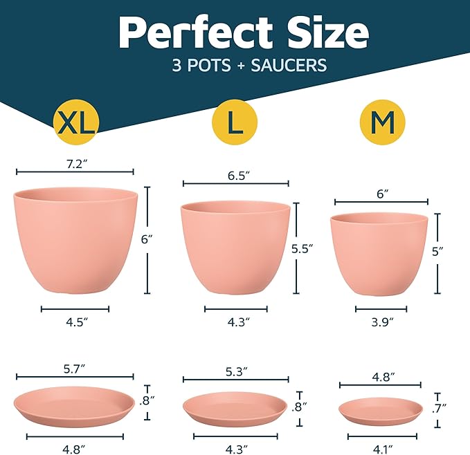 Pink Plant Pots with Drainage Holes & Saucers 3 Pack, Indoor & Outdoor - Image 2