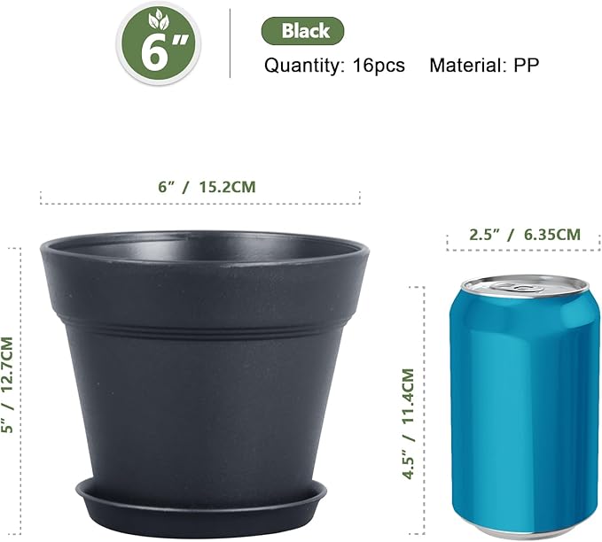 6 inch Nursery Pots, 16 Pack Plastic Plant Pots - Image 2