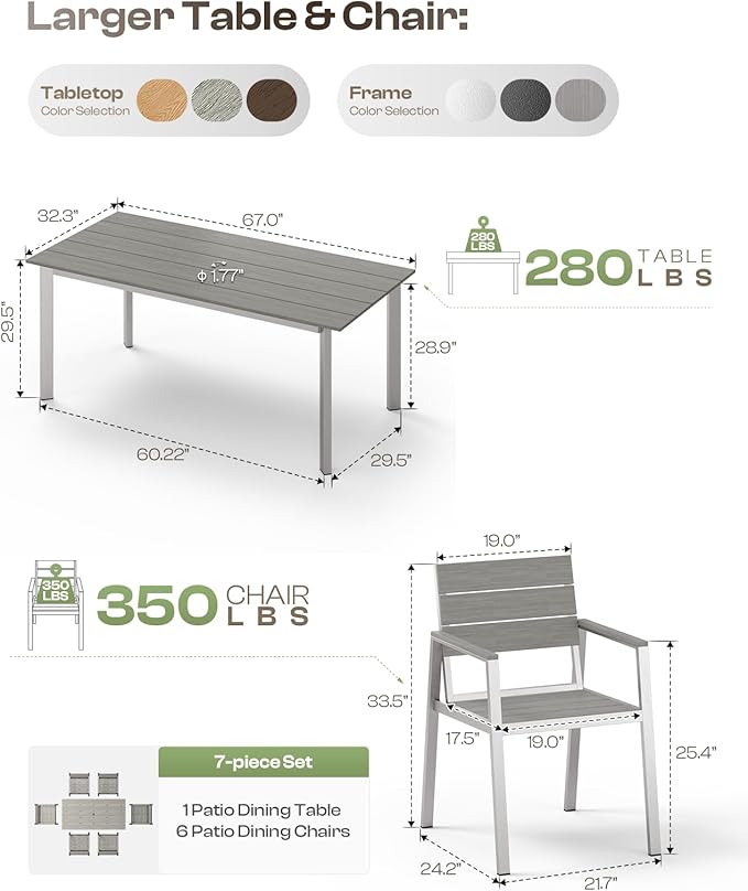 Aluminum Outdoor Dining Set for 6, Patio Table and Chairs Set - Image 7