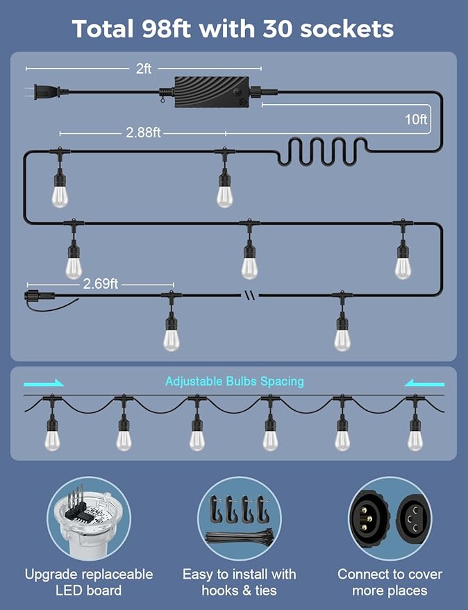 XMCOSY+ Smart Outdoor String Lights, 98Ft Patio Lights Waterproof, App Control - Image 8